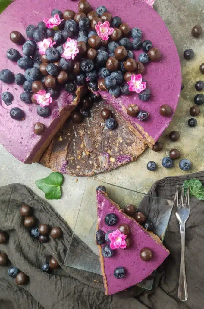 blueberry chocolate cake being served