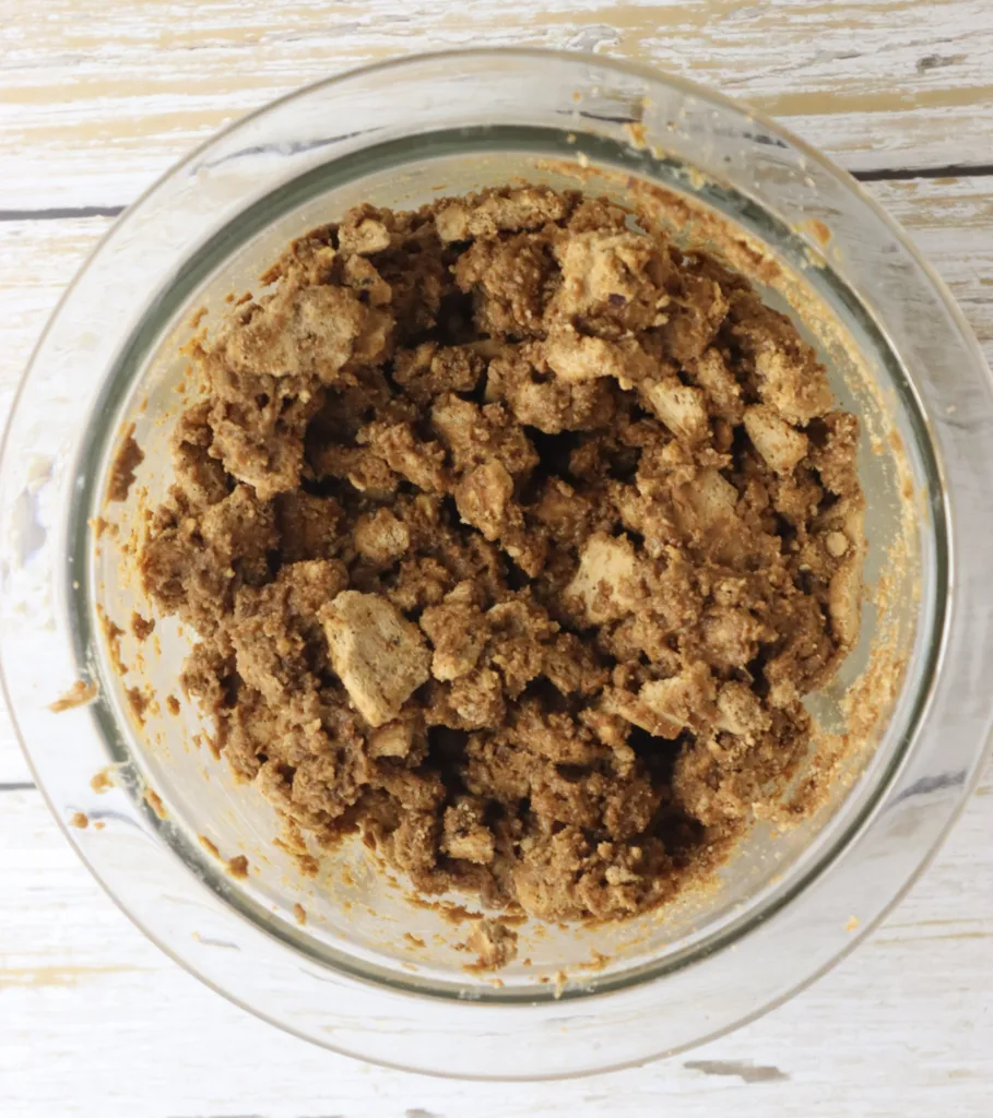 step 6 - combining wet and dry cookie chunks for tiramisu speculoos 