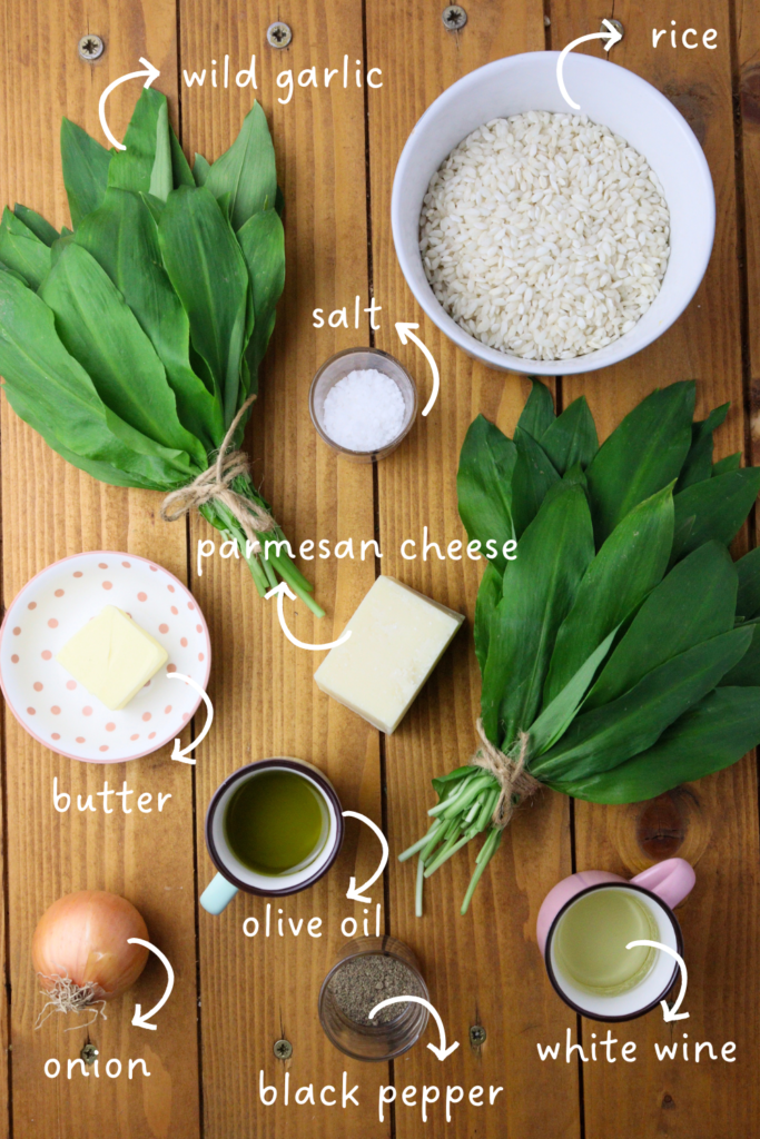 gathering ingredients for wild garlic risotto: fresh wild garlic leaves, arborio rice, salt, black pepper, butter, olive oil and white wine. 