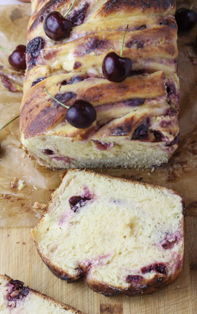 image of sliced cherry cheese babka