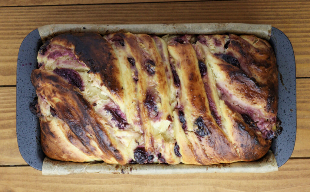 image of a freshly baked cherry cheese babka