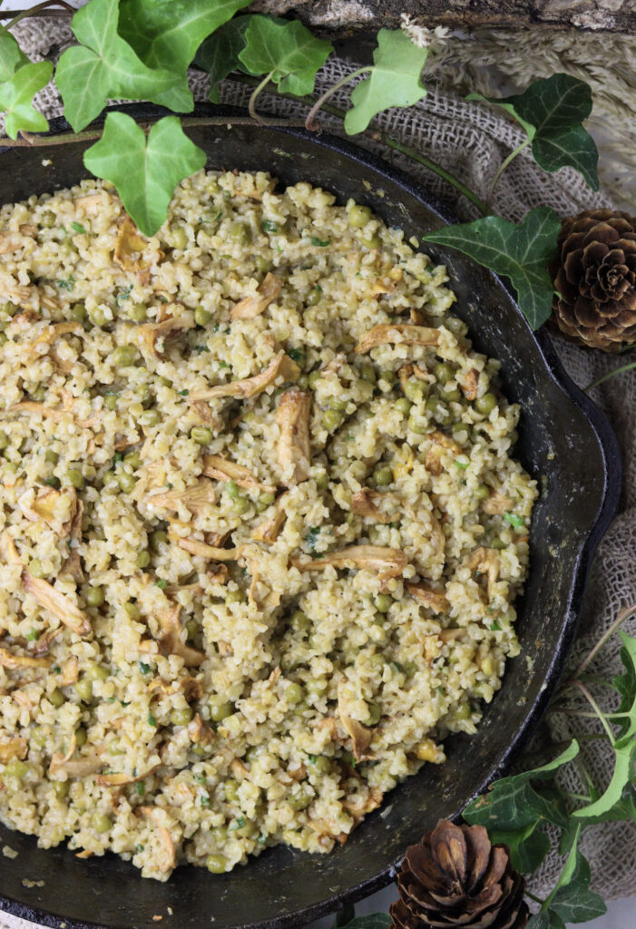 Cooked bulgur risotto with chanterelle mushrooms in a frying pan.