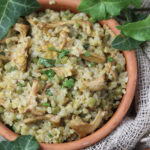 culinary representation of bulgur risotto with chanterelle mushrooms