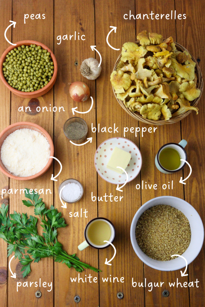 Gathering ingredients for bulgur risotto with chanterelle mushrooms: whole grain bulgur, peas, chanterelles, garlic, onion, olive oil, salt, black pepper, parmesan and parsley. 