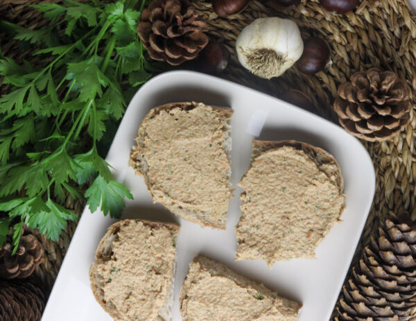 saffron milk cap mushroom pate served on rustic bread